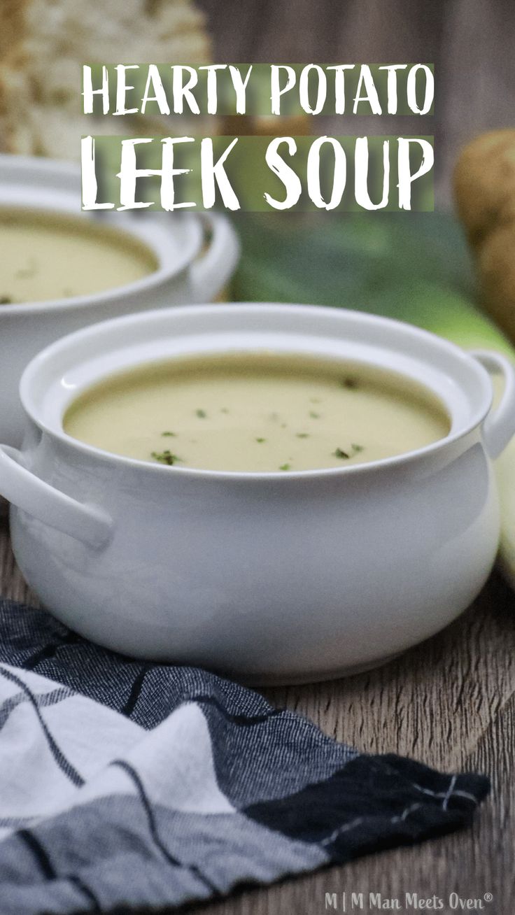 two white bowls filled with creamy potato leek soup