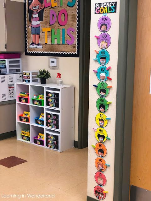 this classroom is decorated with colorful posters and bookshelves for the children to read