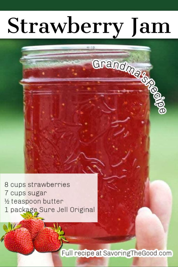 a hand holding a jar of strawberry jam with instructions for how to make it in the microwave