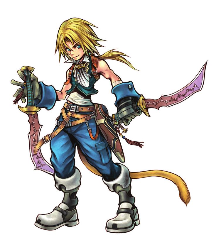 an image of a female character holding two swords and wearing blue pants with gold hair