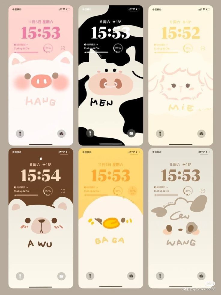 four different phone cases with cartoon animals on the front and back covers, all in various colors