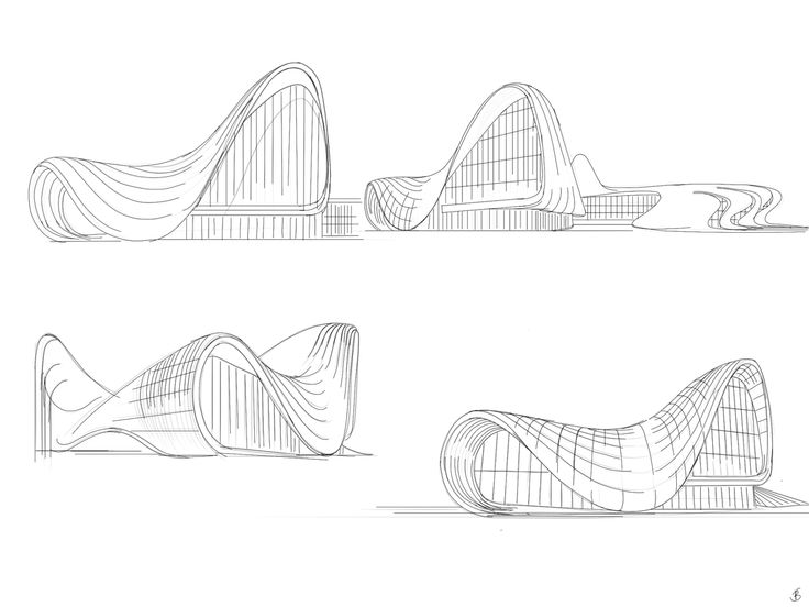 three drawings of different shapes and sizes of the same building, each with a curved roof