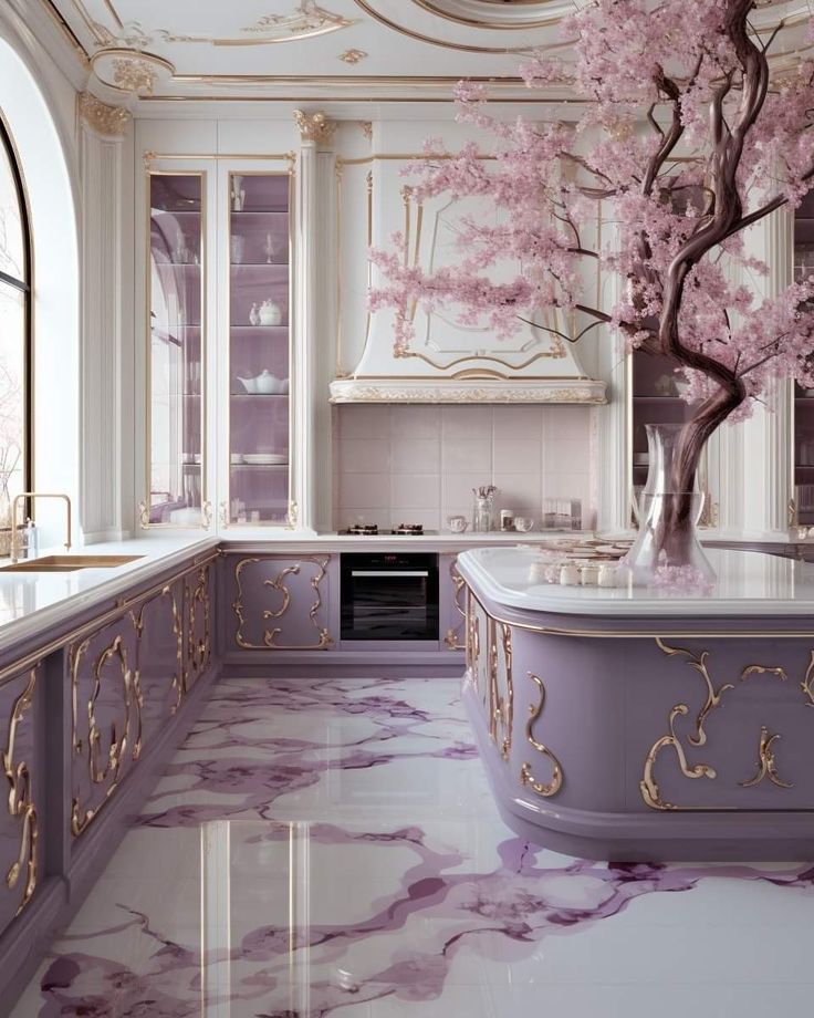 an elegant kitchen with marble floors and purple cabinets, painted in gold trimmings