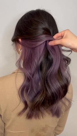 purple peekaboo hair｜TikTok Search Purple Hidden Hair Color, Brown Hair And Purple Highlights, Brown And Dark Purple Hair, Purple Hair Brown Hair, Peekaboo Hair Purple And Brown, Brown Hair Pop Of Color, Purple Hair Underneath Black, Purple Hidden Hair, Highlights Brown Hair Purple