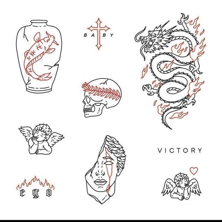 various tattoos with the words victory written in red and black ink on a white background