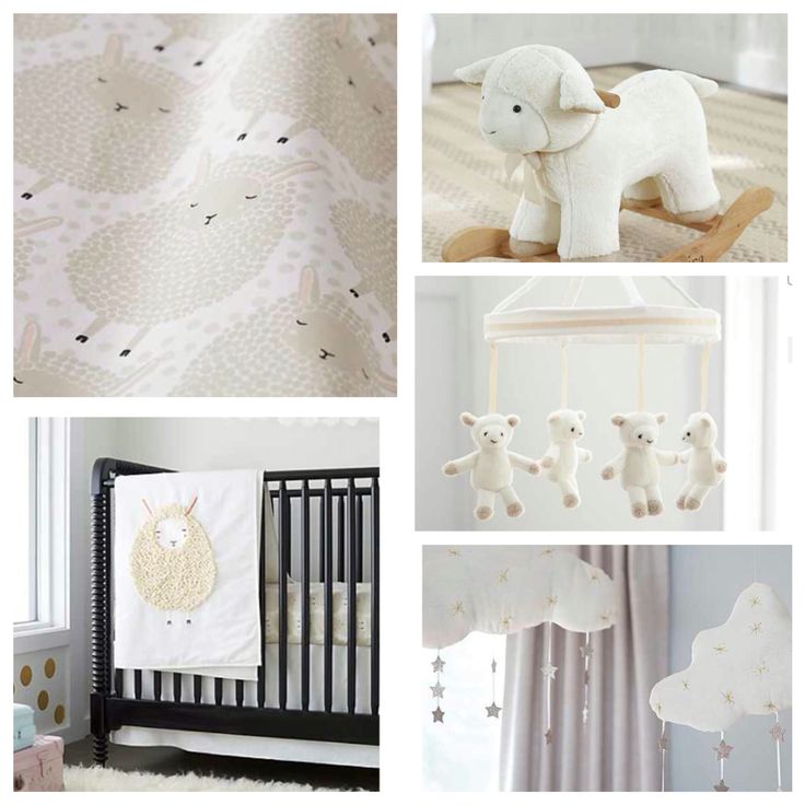 a collage of baby items including a crib, bedding and curtains