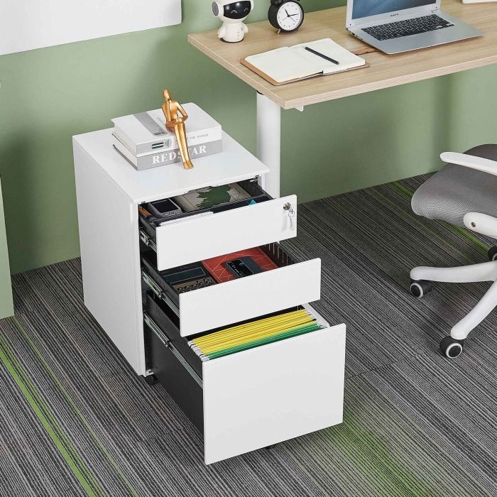 an office desk with drawers and a laptop on it