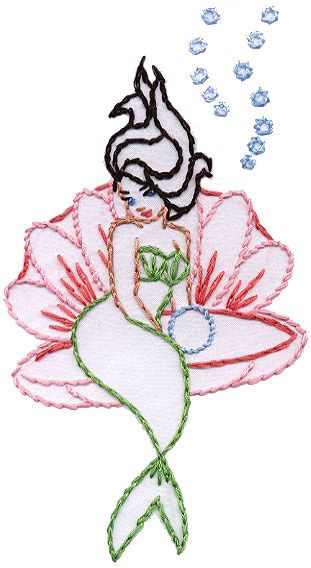 the embroidery design shows a woman sitting on a flower with bubbles coming out of her hair