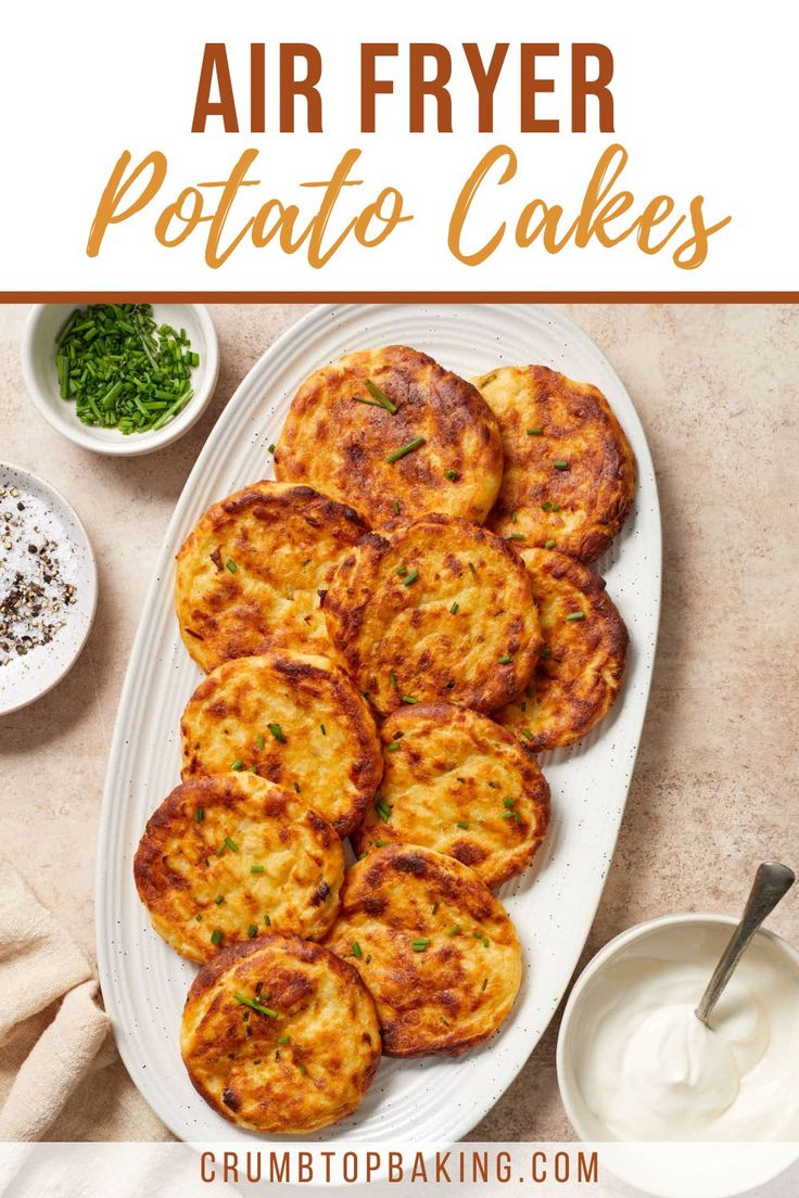 Potato cakes arranged on a white platter. Potatoe Cakes Leftover, Air Fryer Potato Cakes From Mashed Potatoes, Air Fryer Mashed Potato Cakes, Mashed Potato Patties Air Fryer, Potato Patties From Mashed Potatoes In Air Fryer, Potato Fritters Air Fryer, Potato Cakes Air Fryer, Sweet Potato Fritters Air Fryer, Leftover Mashed Potatoes Air Fryer