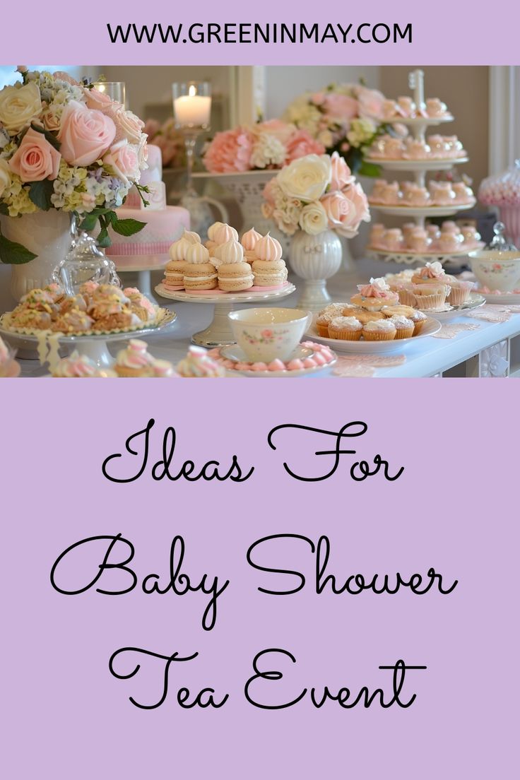 a baby shower tea party with pink flowers and cupcakes