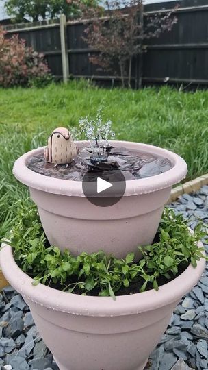 two large planters filled with water and plants in the middle of a graveled area