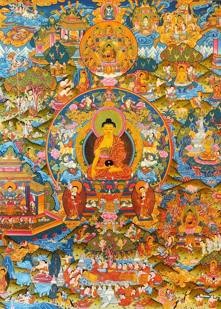 an ornate painting with buddhas on it