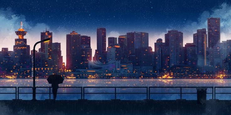 the city skyline is lit up at night with bright lights in the sky and water