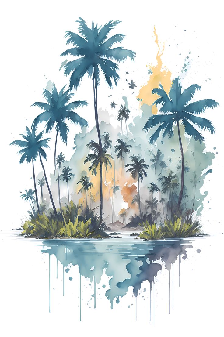 an island with palm trees and watercolor splashes