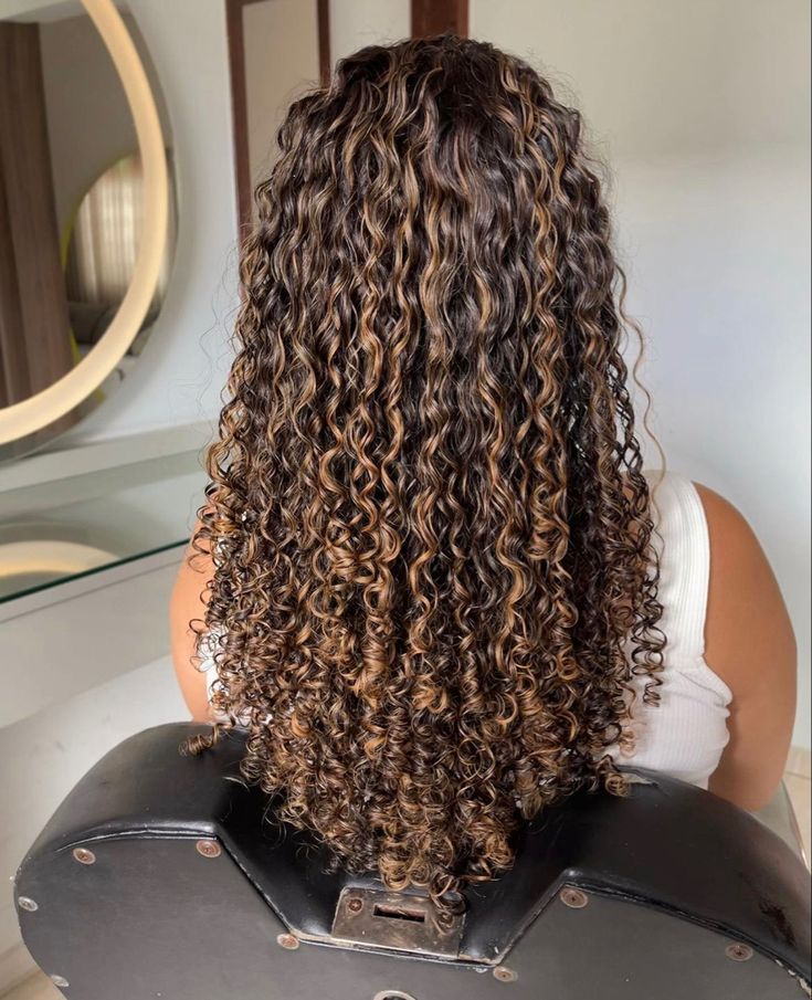 Curly Hair And Highlights, Brown Hair Colors With Highlights Curly, Hair Color For Long Curly Hair, Honey Balayage On Dark Hair Curly, Highlits Curly Hair, Honey Brown Hair Curly Highlights, Curly Hairlights, Natural Highlights Curly Hair, Carmel Curly Highlights