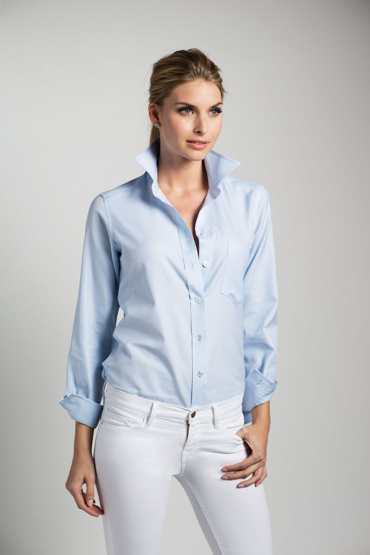 PALE BLUE TWILL FABRIC Fall in love with this sublime baby blue, in a discerning diagonal twill weave. As fresh as it is serene, this color flatters all who wear it. 100% Italian Cotton THE WEEKEND SHIRT The Weekend Shirt embodies the carefree spirit of Saturdays and Sundays that you will enjoy and wear 7 days a week. Dress it up or down with your favorite jeans, edgy leather pants or a chic pencil skirt—it’s your go-anywhere, do-anything shirt. Sartorially influenced by menswear, this classic s Blue Spread Collar Shirt For Office, Formal Slim Fit Light Blue Shirt, Light Blue Slim Fit Top With Spread Collar, Elegant Light Blue Collared Shirt, Elegant Light Blue Spread Collar Tops, Elegant Light Blue Button-up Shirt, Formal Light Blue Top With Spread Collar, Elegant Light Blue Business Dress Shirt, Elegant Light Blue Dress Shirt For Business