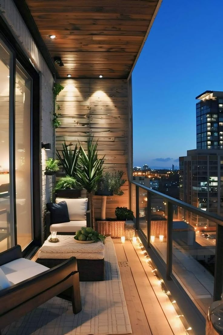 a balcony with lights and furniture on it