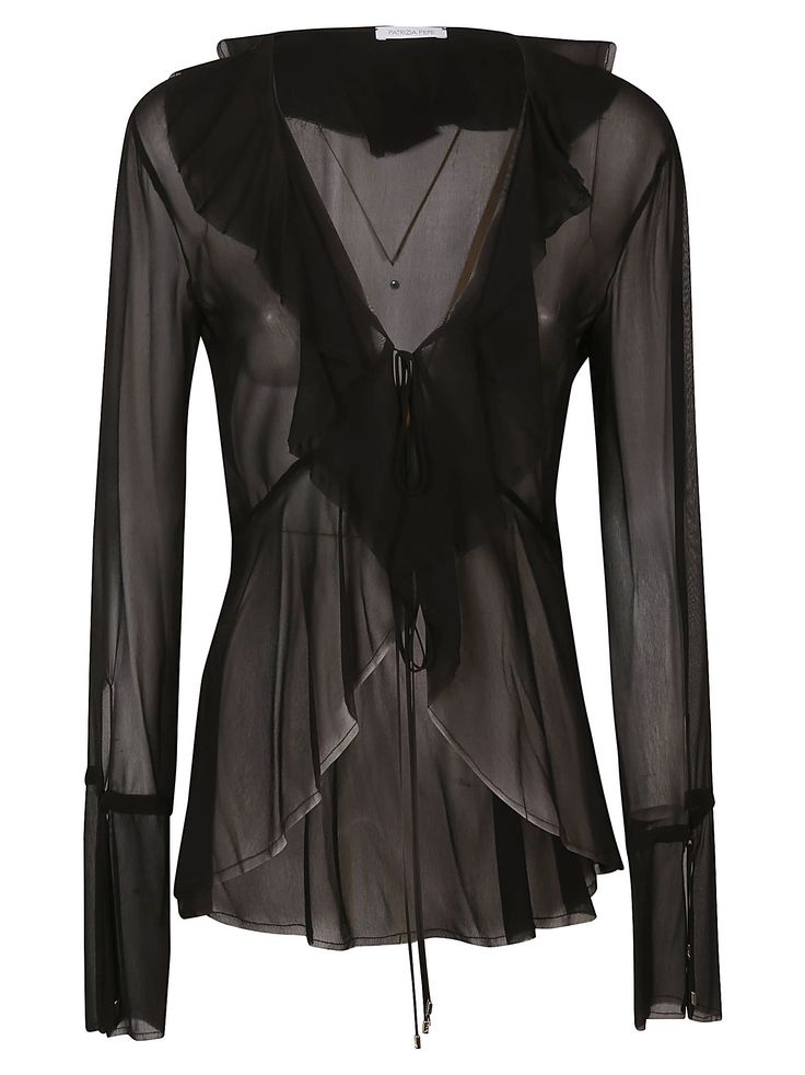 Long Sleeve Blouse from Patrizia Pepe Composition: 100% Viscose | Patrizia Pepe Women's Long Sleeve Blouse in Black | SS24 Designer Ruffle Tops For Evening, Designer Ruffled Tops For Evening, Designer Evening Tops With Ruffles, Designer Sheer Long Sleeve Tops, Sheer V-neck Top For Formal Occasions, Designer Long Sleeve Top With Ruffles, Designer Silk Tops With Ruffles, Luxury Black Long Sleeve Blouse Piece, Designer Silk V-neck Tops