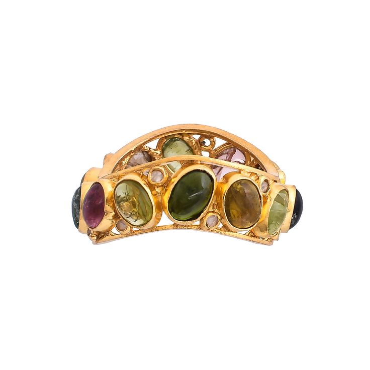 Diamond & Multicolored Tourmaline Cabochon 14K Gold Vermeil Over Sterling Silver Ring 925 Silver = 3.40 gm. Multicolored Tourmaline Cabochon = 6.40 ct. Tourmaline is the birthstone for October and is a symbol of love, joy and happiness. The beautiful Ring measures to be US Size 7 and can be re-sized at no extra cost. The Ring is made by a team of highly trained and skilled artisans. What is Vermeil 14K Gold? It is a thick layer of 14K Gold plating on 925 Sterling Silver. If for any reason you ar Yellow Gold Multi-stone Cabochons Fine Jewelry, Yellow Gold Multi-stone Cabochons For Fine Jewelry, Yellow Gold Multi-stone Oval Cabochon Gemstones, Multicolor Cabochon Rings In Fine Jewelry Style, Multicolor Cabochon Rings Fine Jewelry, Oval Multicolor Tourmaline Rings, Multicolor Oval Tourmaline Rings, Yellow Gold Tourmaline Cabochon Ring, Gold Tourmaline Rings With Gemstone Accents