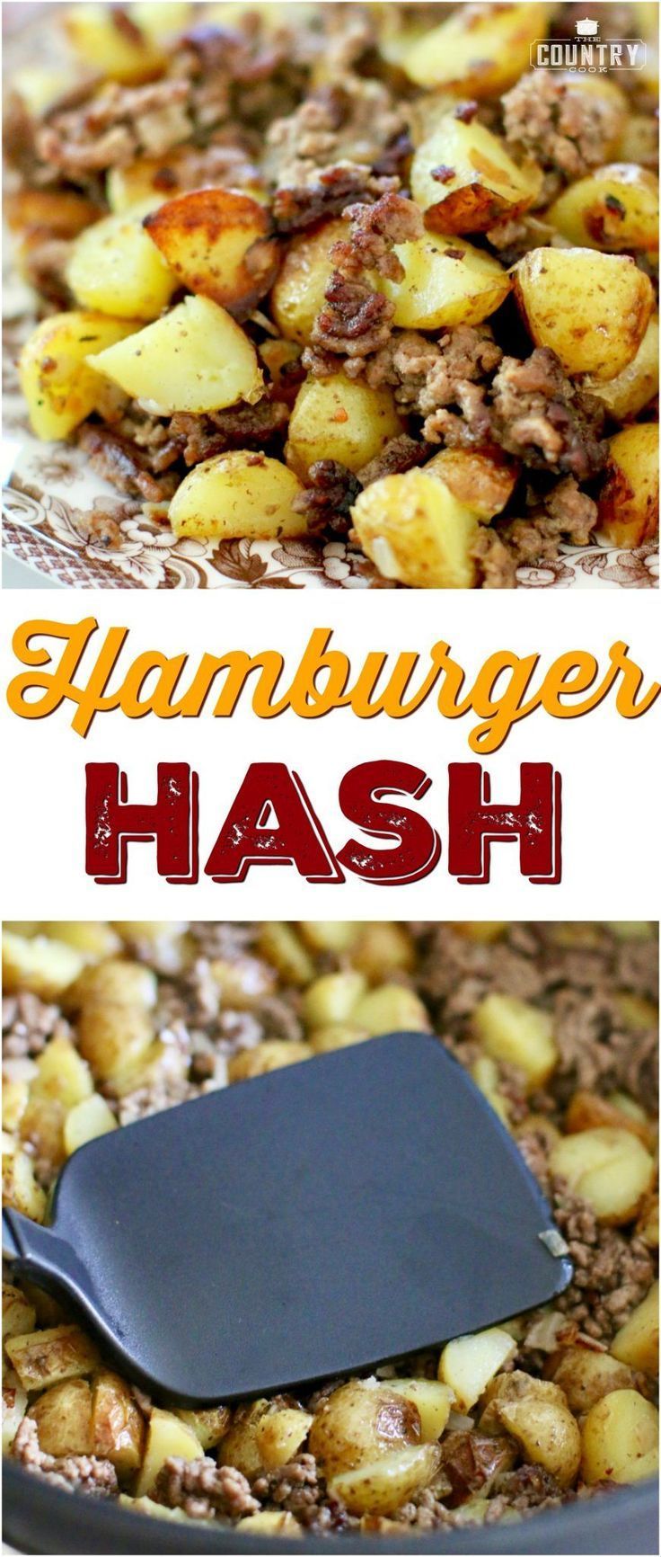 the recipe for hamburger hash is shown in two different pictures and has a spatula on top