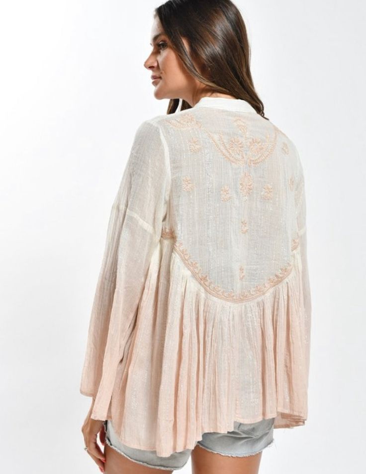 White bohemian embroidered top with lurex woven in for extra dreamy styling. Paired here with our Feeling Peachy ultra wide leg high waist pants. Wide Leg High Waist Pants, Feeling Peachy, White Bohemian, Ultra Wide, High Waist Pants, Waist Pants, Embroidered Top, High Waisted Pants, Tunic Tops