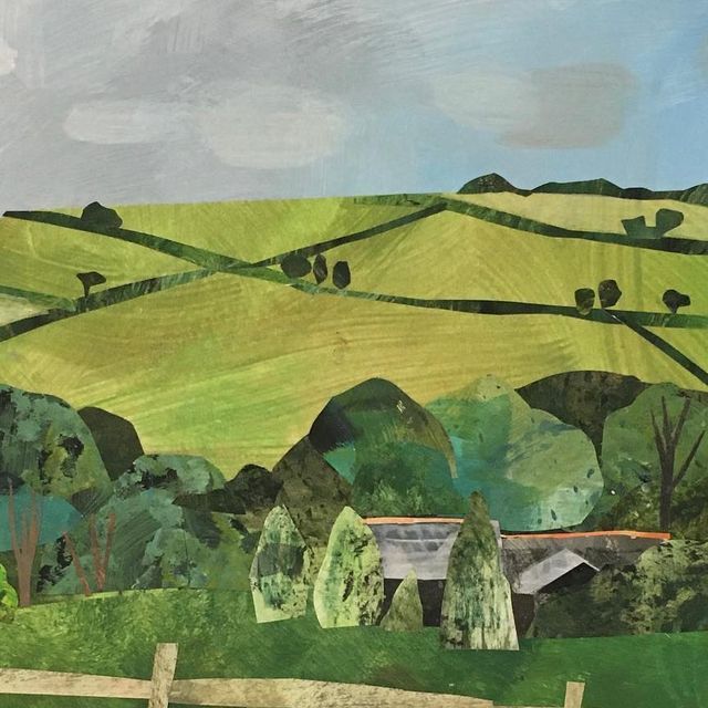 a painting of green hills and trees with a fence in the foreground that has a house on it