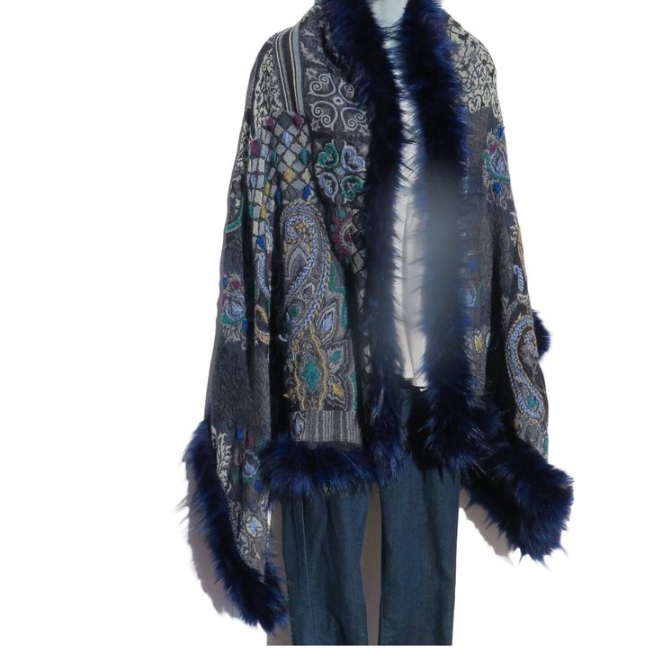 Unique Himalayan Yak/Sheep Wool Blend & Faux Fur Cape/Shawl/Wrap !!!…Ideal Unique Handcrafted gift for you, family, your friends and co-workers…!!! Handloomed/Handcrafted by Artisans Hand Embroidery Stitched Accents that Emphasize the Patterns in the Shawl Design,  Boiled Himalayan Yak/Sheep Wool Blend Shawl Handmade in Nepal Faux Fur | Black & Navy Tribal Design and Pattern A solid color Yak & Sheep Wool Blend of yarns hand loomed shawl in Nepal is handcrafted by a tribal family pattern and Ful Shawl Design, Faux Fur Cape, 60s Hippie, Cape Shawl, Cape Wrap, Fur Cape, Hand Embroidery Stitches, Hand Crafted Gifts, Sheep Wool