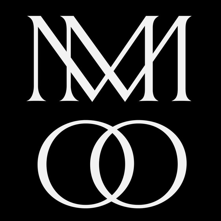 the letter m and o in white on a black background with two intertwined rings