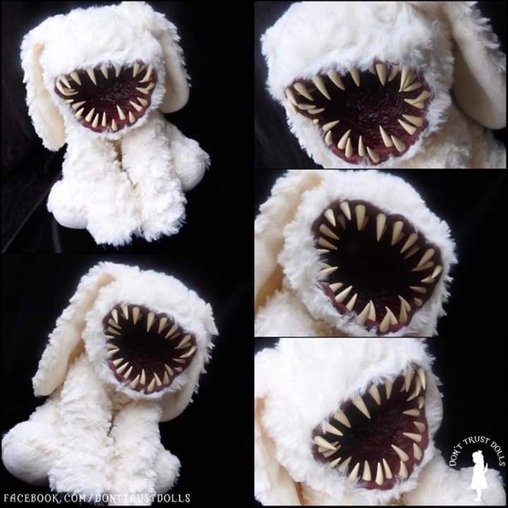 four pictures of a stuffed animal that has its mouth open and it's teeth showing