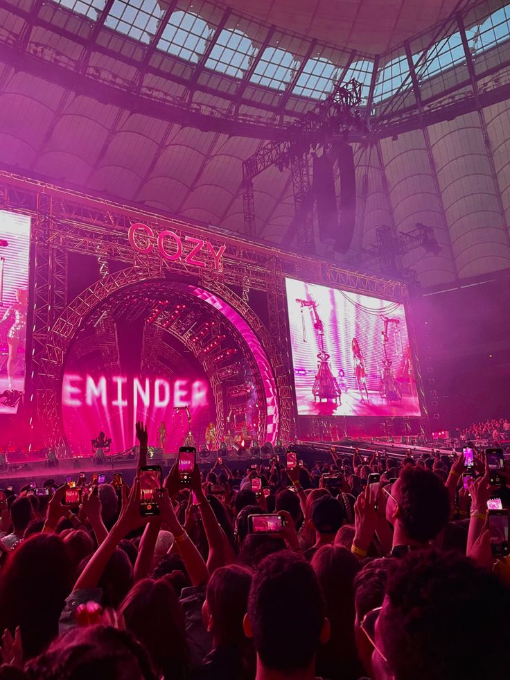 a large crowd at an outdoor concert taking pictures with their cell phones in front of the stage