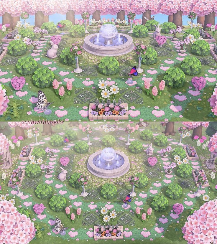 the garden is full of pink flowers and trees, with a fountain in the middle