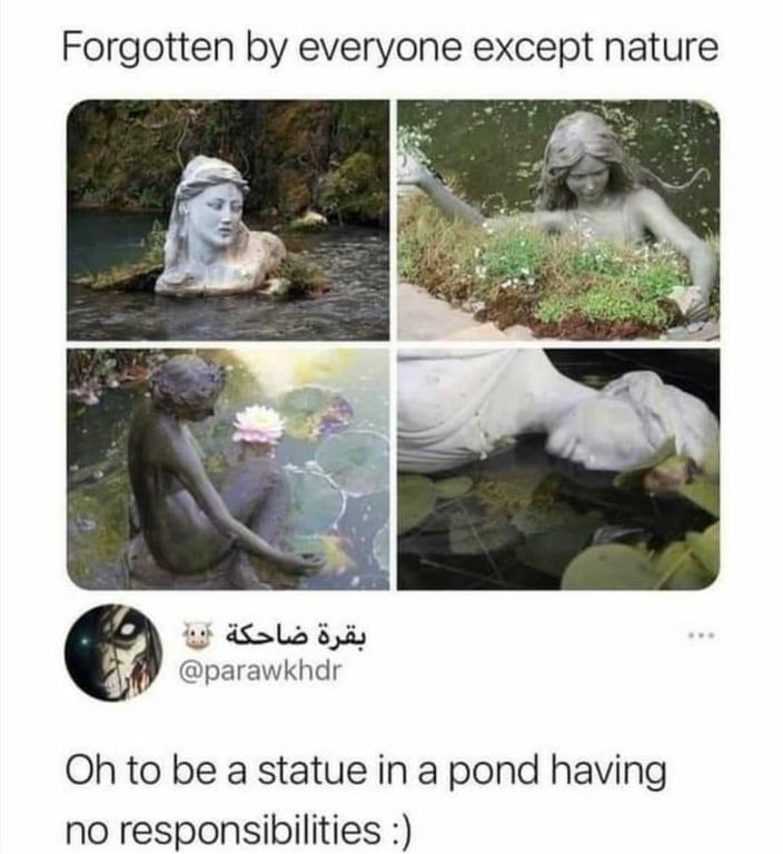 four different pictures of statues with caption that reads, forgotten by everyone except nature oh to be a statue in a pond having no respon