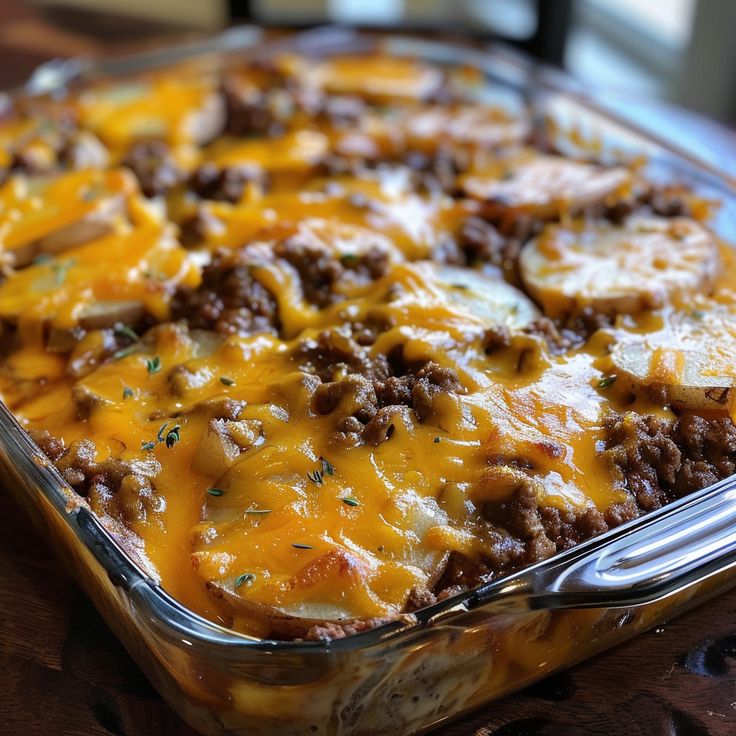 a casserole dish with meat and cheese in it sitting on a wooden table