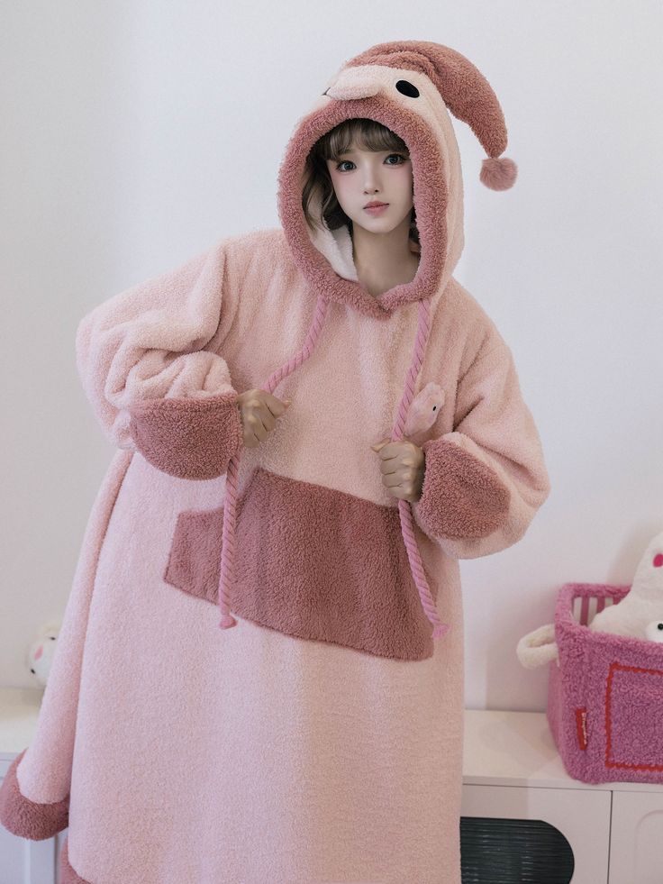 Size 			S 			L 		 		 			Full Length 			112 			115 		 		 			Shoulders 			53 			55.5 		 		 			Bust 			132 			138 		 		 			Sleeve Length 			51 			53 		 		 			Hem Circumference 			228 			234 Long Sleeve Winter Sleepwear For Home, Winter Long Sleeve Sleepwear For Home, Pink Soft Winter Sleepwear, Soft Pink Winter Sleepwear, Comfy Pink Sleepwear For Winter, Cute Hooded Sleepwear, Cute Hooded Sleepwear For Bedtime, Hooded Soft Sleepwear, Long Sleeve Winter Sleepwear For Loungewear