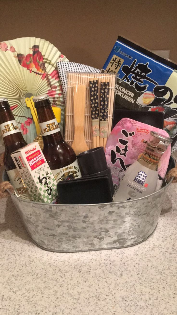 a basket filled with various items on top of a table