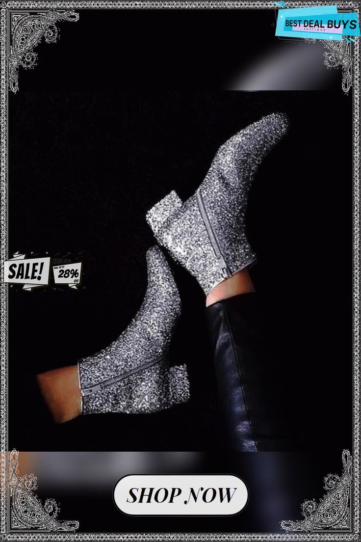 Casual Fashion Sequins Solid Boots Glamorous Ankle-high Boots For Fall, Winter Party Booties With Pointed Toe, Fall Party Heeled Boots With Closed Toe, Winter Party High Ankle Booties, Medium Width Ankle Boots For Party, Silver High Ankle Winter Boots, Winter Party Boots With Round Toe, Glamorous Fall Closed Toe Boots, Glamorous Boots With Round Toe For Party Season