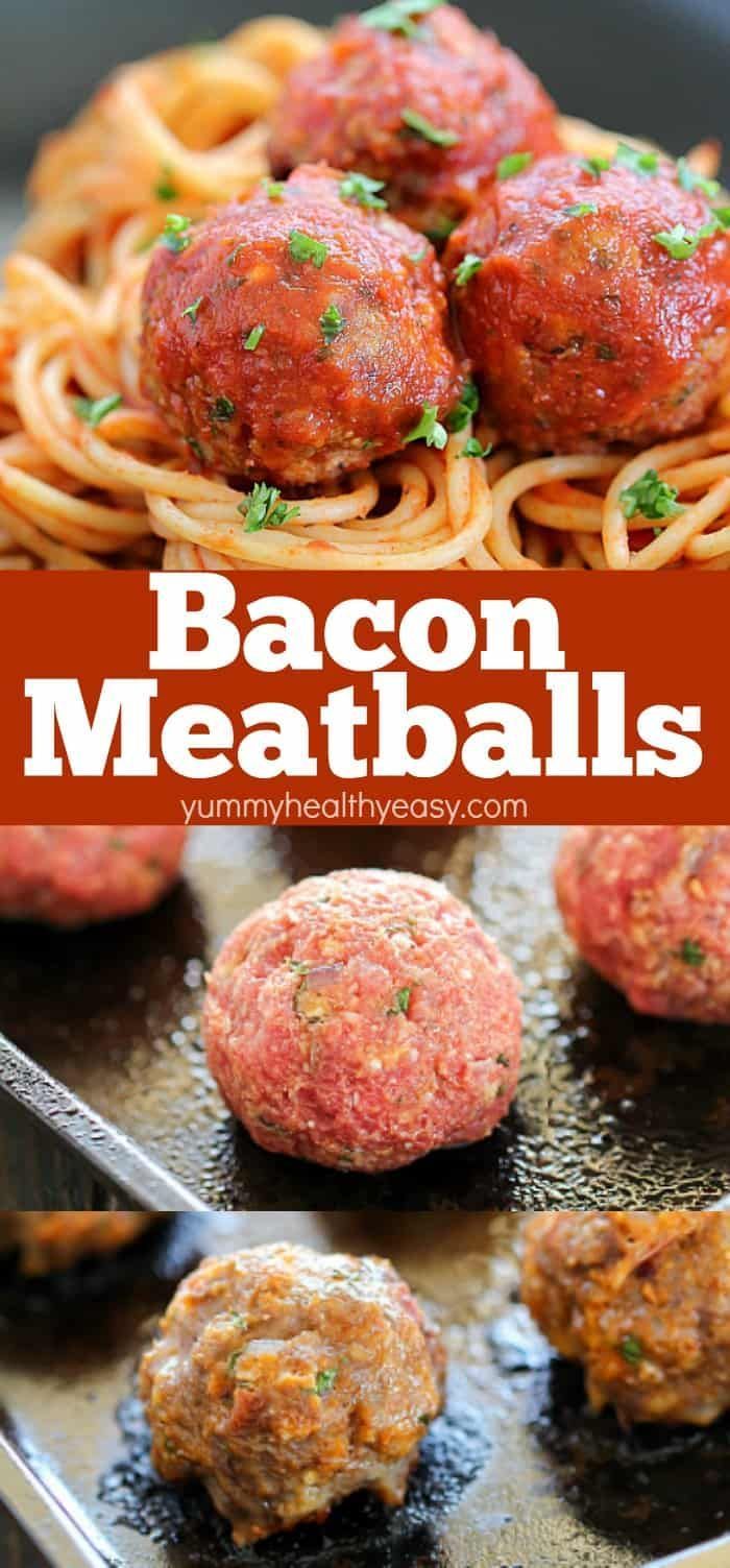 bacon meatballs in a skillet with spaghetti and parsley