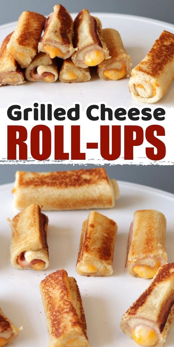 grilled cheese roll - ups on a white plate with text overlay that reads grilled cheese roll - ups