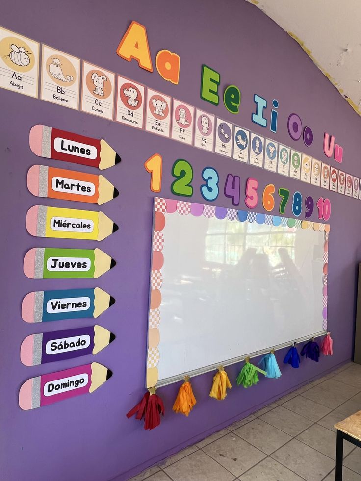 a classroom with purple walls and colorful writing on the wall