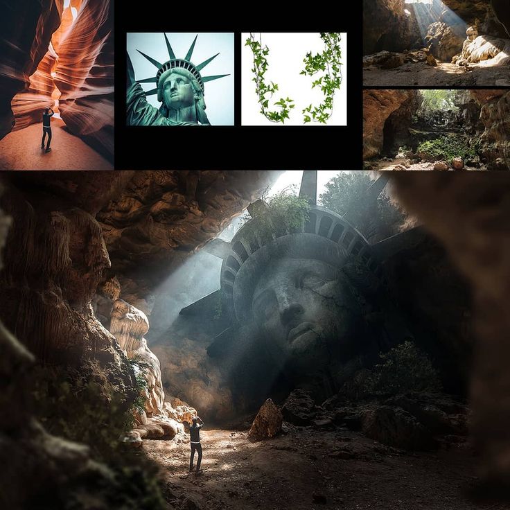 there are pictures of the statue of liberty in this photo collage, including images of people and trees