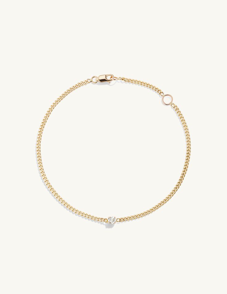 Details This solid 14k bracelet has a prong-set 3mm diamond on a flat curb chain with a lobster clasp closure. Measurements Small - 6" with a loop at 5" Medium - 7" with a loop at 6" Large - 8" with a loop at 7" Chain Width: 1.8mm Carat Weight: 0.10 Shipping Each piece of jewelry is carefully hand fabricated in our NYC studio so please allow 2-3 weeks for delivery. If you would like to request a rush order please contact the studio at sophie@sophieratner.com. Selecting faster shipping options wi Elegant Diamond Chain Bracelet With Curb Chain, Elegant Diamond Curb Chain Bracelet, Elegant 14k Gold Diamond Bracelet With Curb Chain, Elegant White Gold Diamond Bracelet With Curb Chain, Elegant Diamond Bracelet With Curb Chain, Diamond Curb Chain Bracelets For Formal Occasions, Classic Round Diamond Bracelet With Curb Chain, Everyday Diamond Link Jewelry, Classic Cuban Link Diamond Bracelet In Yellow Gold