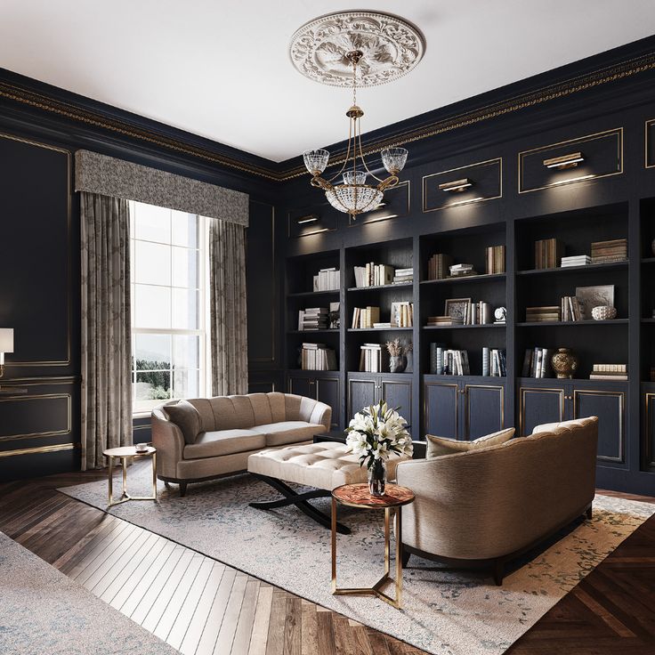 a living room filled with furniture and a chandelier