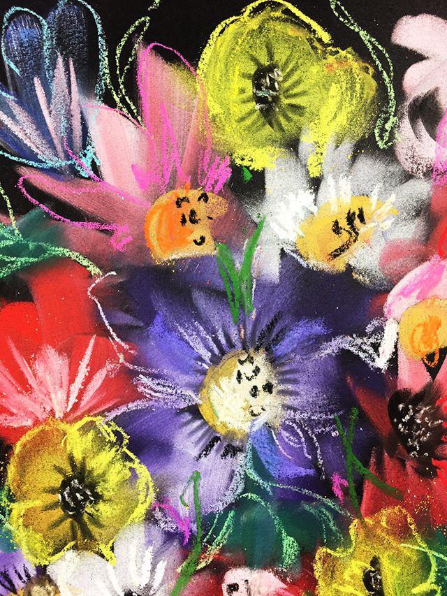 a painting of colorful flowers on a black background