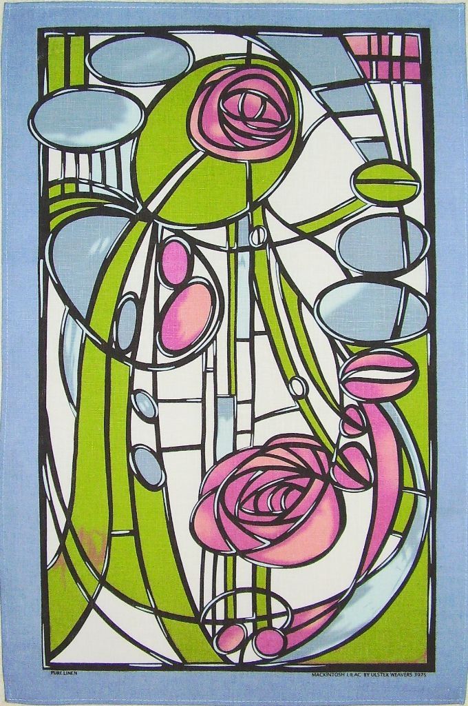 a stained glass window with pink flowers and green leaves on it's side, in blue frame