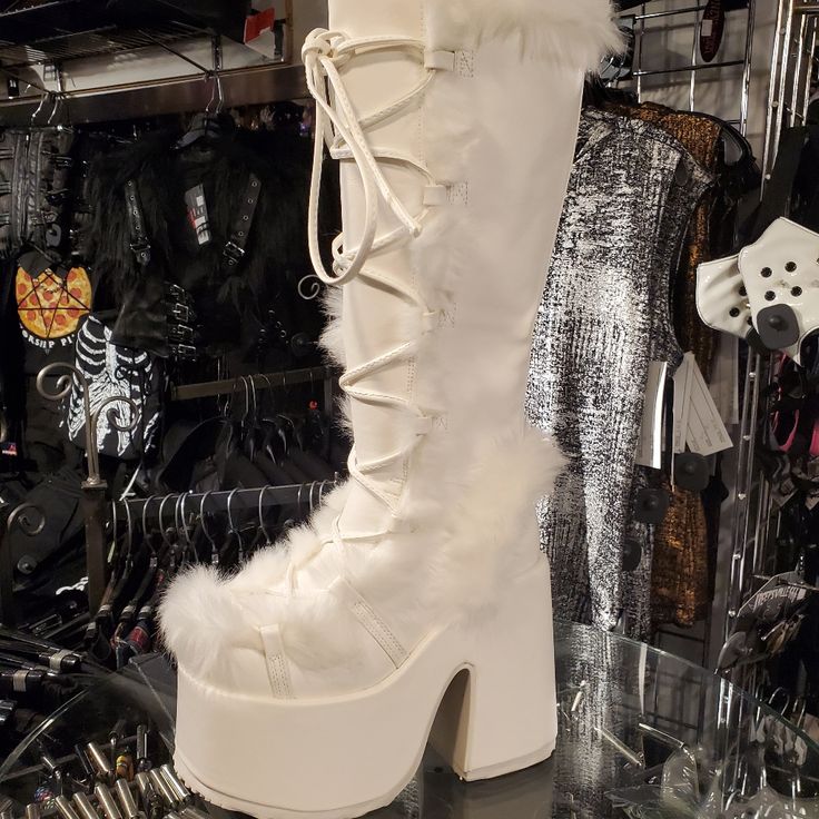 Gorgeous All-White Fluffy Cam311 In White Vegan Leather With White Fur Trim. Mv Ideas, Shoes Demonia, Shoe References, Fluffy Boots, Fur Dress, Demonia Shoes, Nyc Christmas, White Mini Skirt, Christmas Break