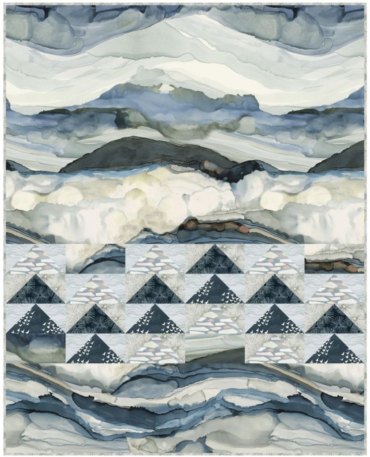 an abstract painting with mountains and clouds in the background, as if it were made out of paper