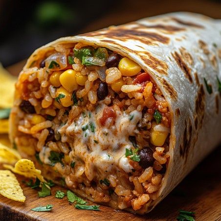 a burrito filled with beans, corn and cheese on top of a wooden cutting board