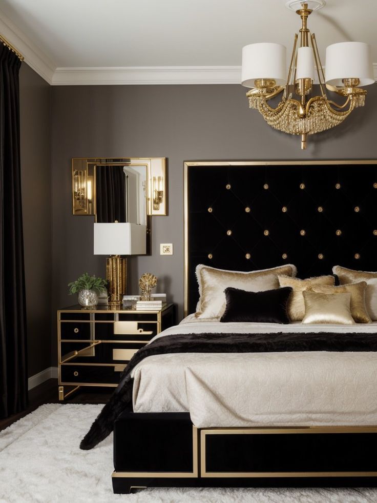 a bedroom with a bed, nightstands and chandelier