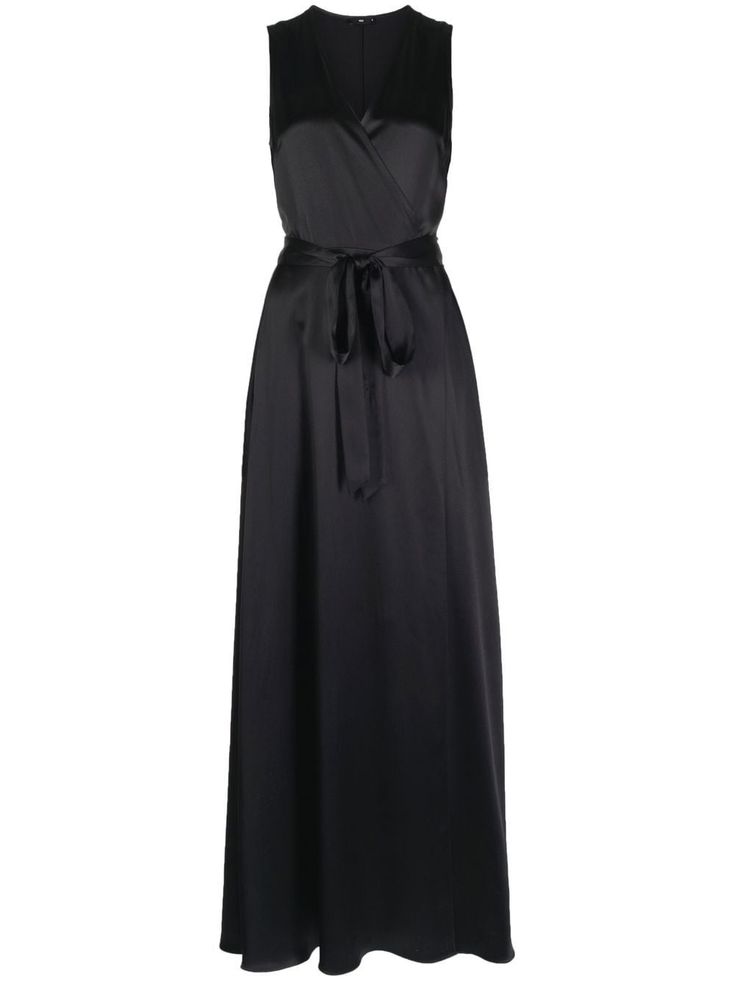 black silk satin wrap design V-neck sleeveless tied waist long length Conscious: We've partnered with Good On You – an ethical agency that rates how sustainably brands perform. This item comes from a brand that performs well in relation to their impact on people, which ensures good working conditions in the supply chain. Long Length Dresses, Sleeveless Wrap Dress, Black Evening Dresses, Black Wrap Dress, Supply Chain, Curator Style, Online Shopping Clothes, Black Silk, Long Length