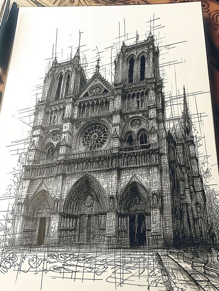 a drawing of a cathedral with scaffolding on it